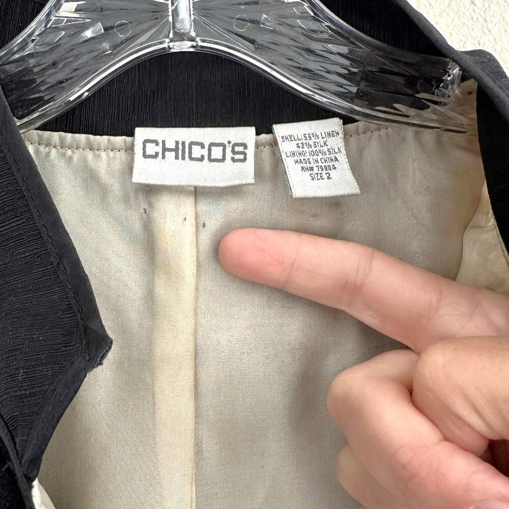 Chico's Silk and Linen Blend Patchwork Art to Wear Jacket, Black Cream, Large - Picture 10 of 11